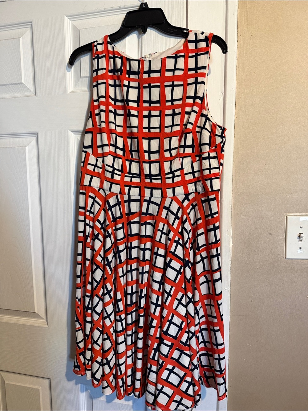 Donna Morgan White Midi Dress with Orange and Black Grid